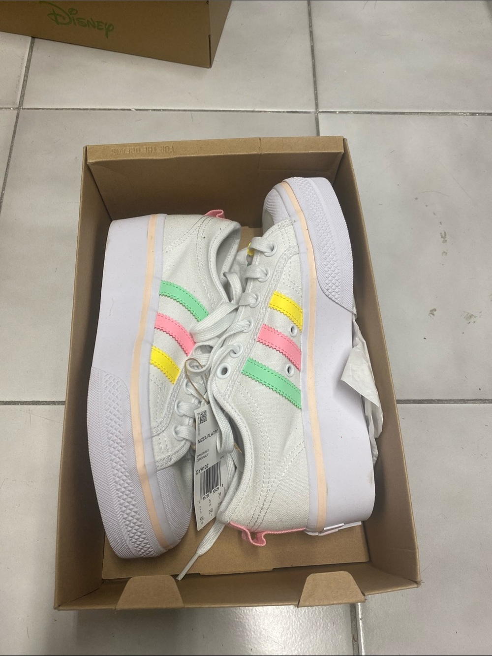 adidas Kids White Sneakers with Pink, Yellow & Green Stripes